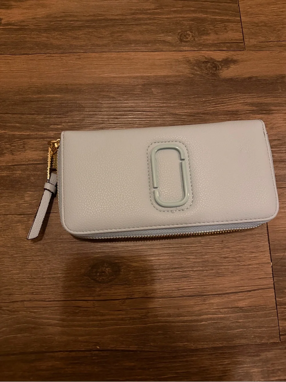 Marc Jacobs Light Blue Pebbled Leather Zip Wallet with Signature Logo